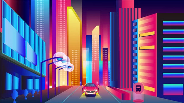 未来科技科幻霓虹灯渐变绚丽城市建筑夜景灯光插画AI/PSD设计素材100套【001】